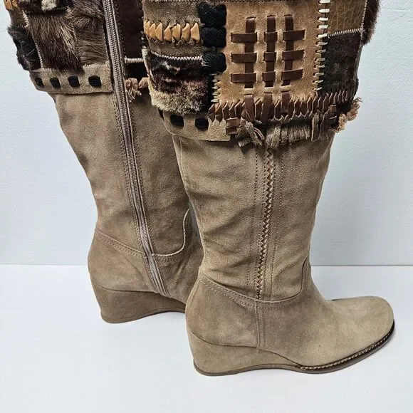 Apepazza Ninfa Boots Womens 9.5 Tan Suede Leather Wedge Boho Tribal Patchwork - Picture 7 of 14